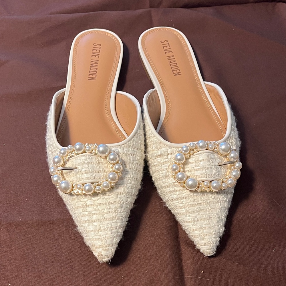 Steve Madden Women's White Mules with Pearl Buckle